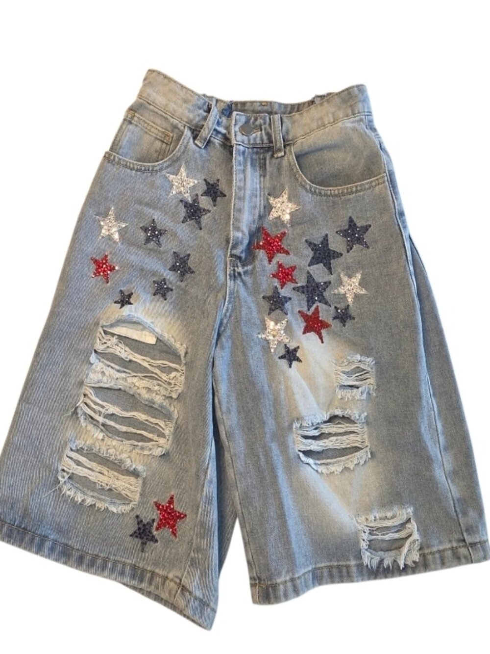 Patriotic Baggy Distressed Denim Shorts Sz XS Hip Hop Stars Red White Blue Rips